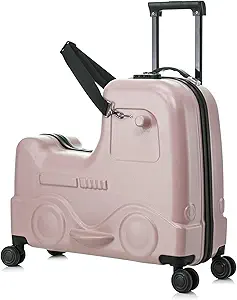 22 Inch Ride on Suitcase for Kids, Travel Luggage with Spinner Wheels for Child Travelling Stroller with Combination Lock/Safety Belt/Telescoping Handle (Pink)