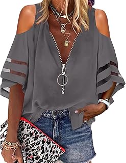 Sponsored Ad - Cnkwei Womens V-Neck Zip Up Blouses Half Bell Sleeve Mesh Panel Loose Casual Shirts