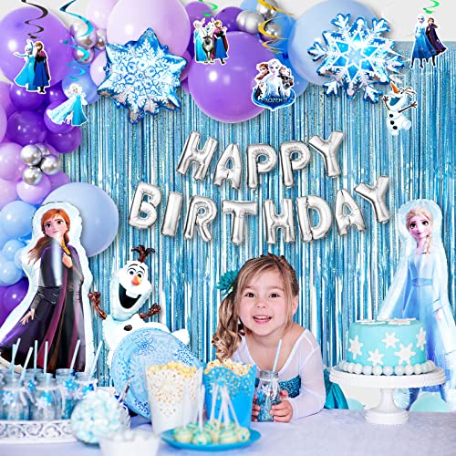 Frozen Birthday Party Supplies,104pcs Frozen Party Decorations include Happy Birthday Balloons, Elsa Anna Olaf Foil Balloon,Hanging Swrils,Latex Balloons Set, Fringe Curtain Streamer