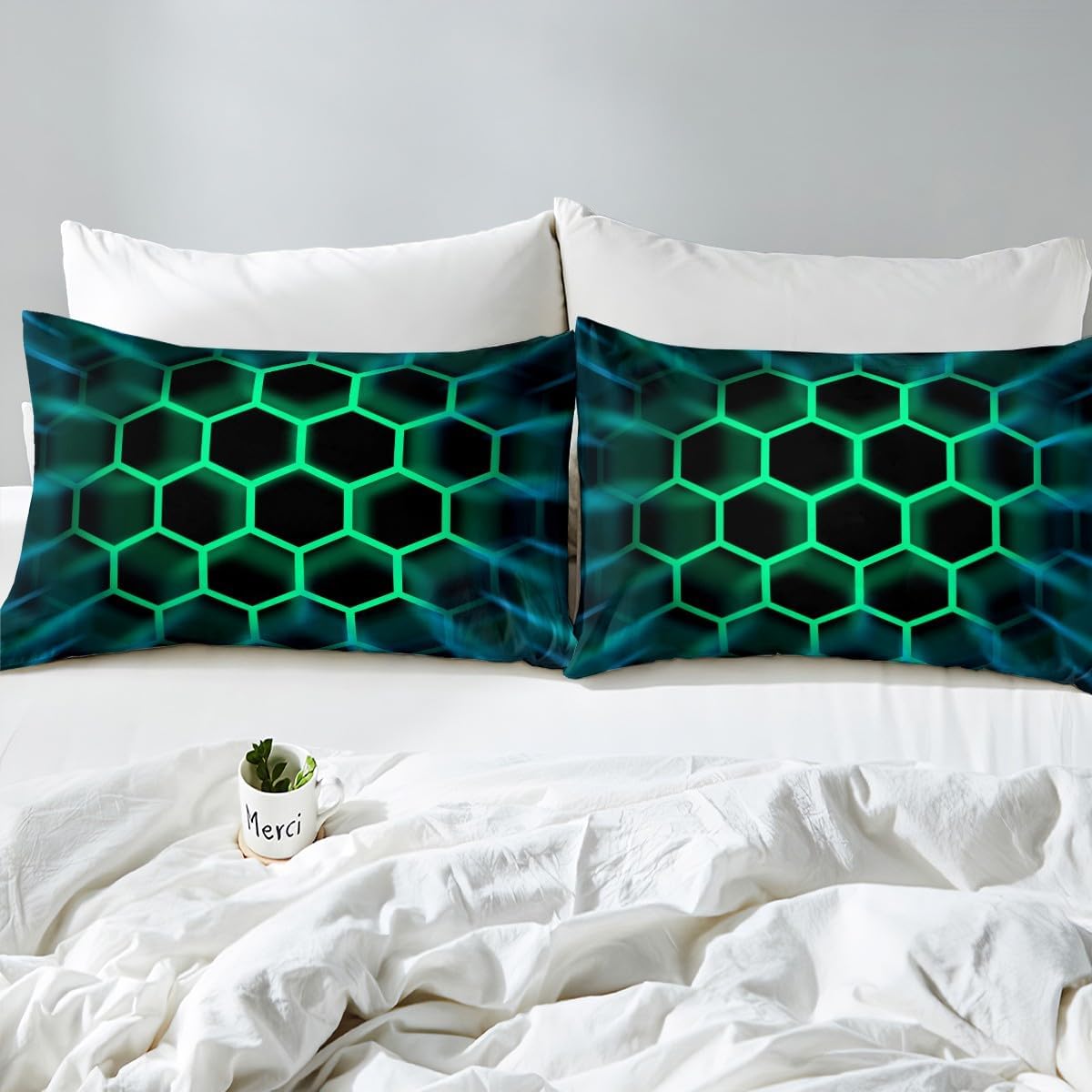 Honeycomb Bed Sheets Black Teal 3D Geometric Beehive Hexagon Sheet Set Queen Size Gamer Room Decor for Boys Kids Men,Neon Light Geometrical Honeycomb Fitted Sheet Glowing Hexagonal Sheets