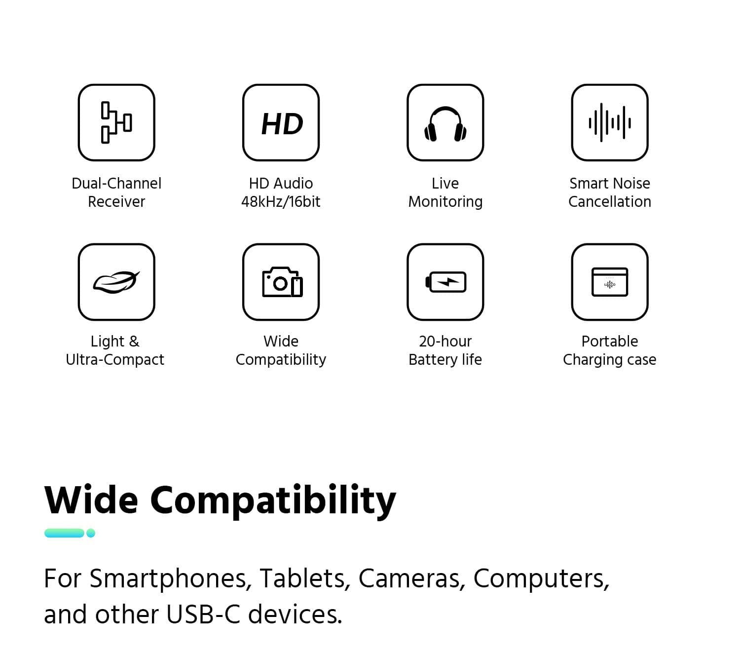 Micrófono Lavalier inalámbrico, cancelación de ruido inteligente, doble canal de 2.4G, ultracompacto, micrófono inalámbrico verdadero, para smartphones, cámaras, tabletas, computadoras y más.