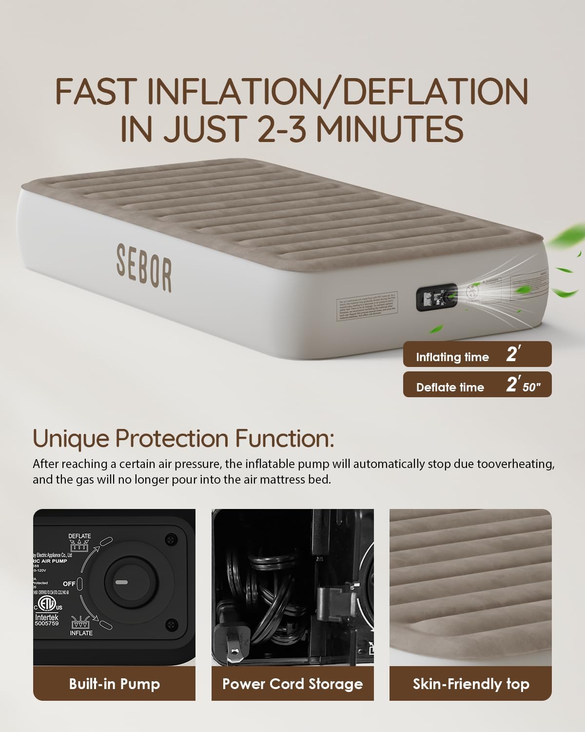 Sebor X-Long Twin Air Mattress with Built in Pump, Height 13" Durable Queen Airbed, Suit for Home & Guests,Travel Air Mattress Twin XL for Adults,Inflatable Travel Bed,330lb MAX
