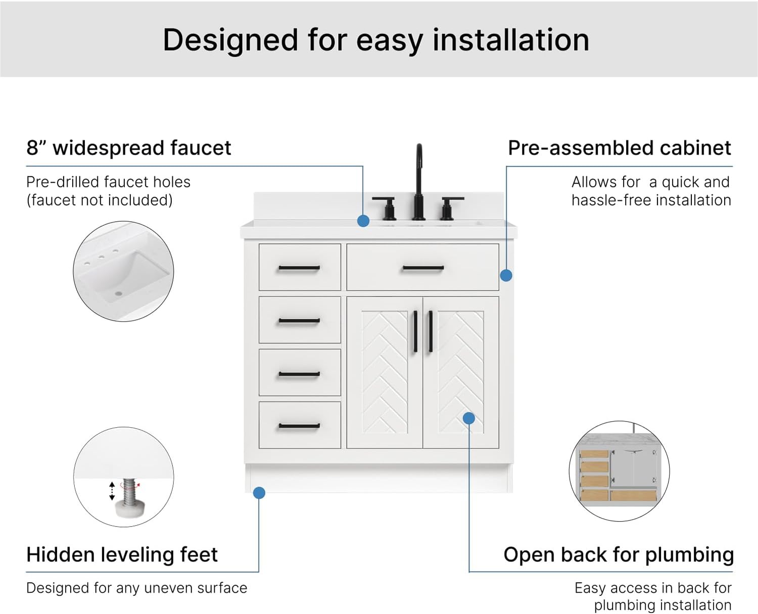 ARIEL Chevron 36-inch Bathroom Vanity with Sink,Solid Wood, 1.5-inch Pure White Quartz Countertop & Backsplash, Single Rectangular Porcelain Sink, 2 Soft Closing Doors, 5 Dovetail Drawers, White