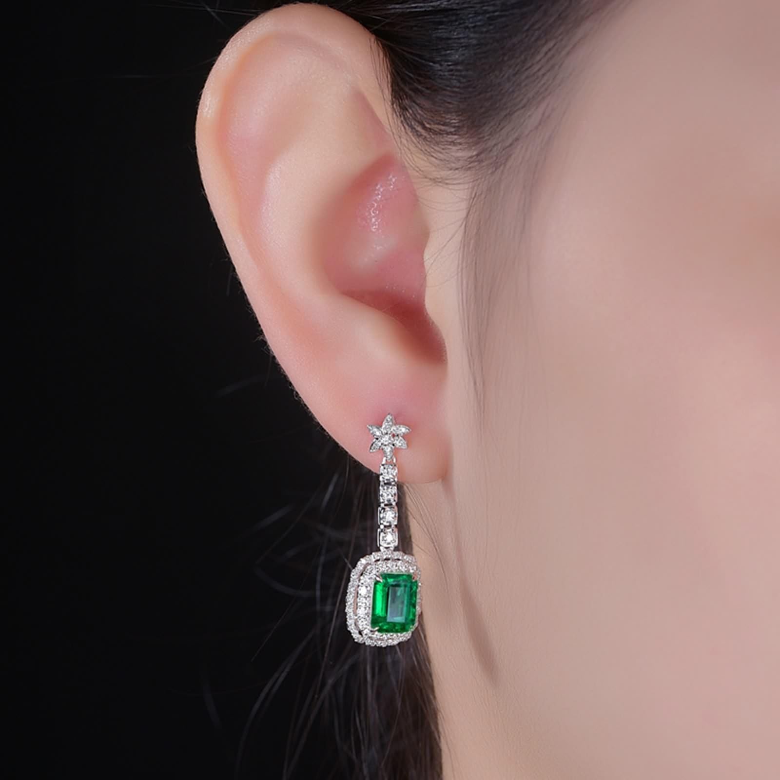 Pendientes de oro de 18 quilates / plata de ley 925, flores para mujer con laboratorio, esmeralda de corte rectangular de 2 quilates, pendientes de mujer con moissanite Au750 de oro pendientes