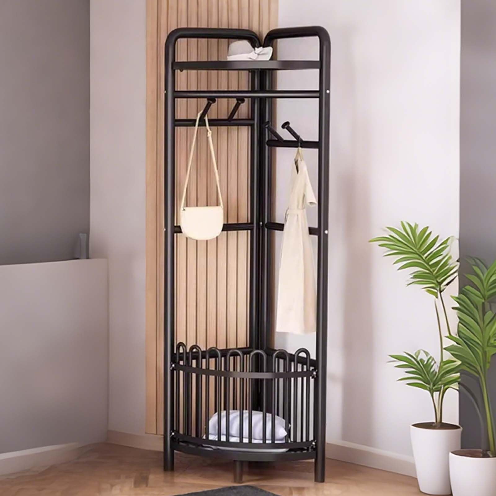 Portemanteau autoportant avec étagère en métal noir pour une entrée ordonnée