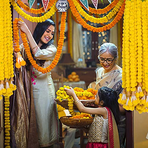 Image of DIYANA IMPEX Marigold Garland for Decoration 5 Pcs of 5 feet Long Strands Artificial Marigold Flowers with Bell, Indian Decor for Pooja /Diwali /Wedding /Christmas (Yellow)