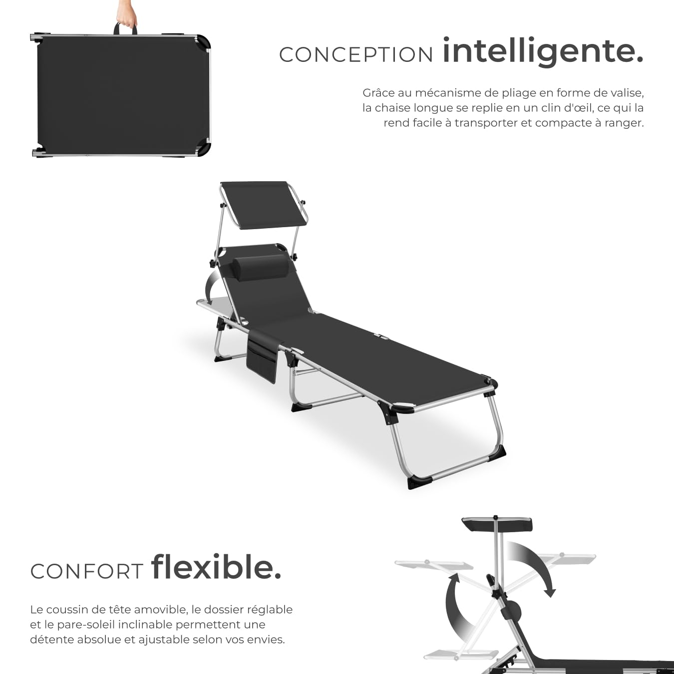 tectake® Chaise Longue Pliante Bain de Soleil Jardin Exterieur avec Pare Soleil, Cadre en Aluminium, Chaise Longue inclinable Transat de Plage Relax Jardin Camping Salon de Jardin Exterieur