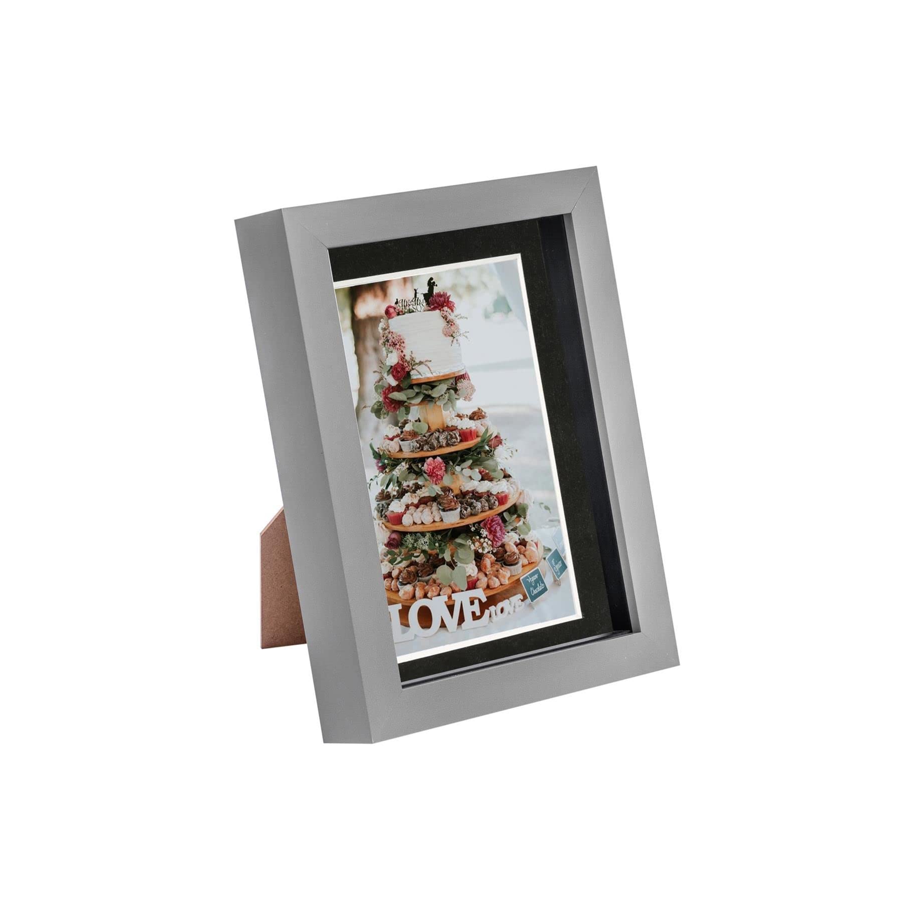 Nicola Spring 3D Shadow Box Photo Frame - 5x7 (12x17cm) - Black 4x6 Mount (10x15cm) - Pack of 1 - Grey 3D Photo Frame Box Portrait Picture Display Case for Crafts, Keepsakes