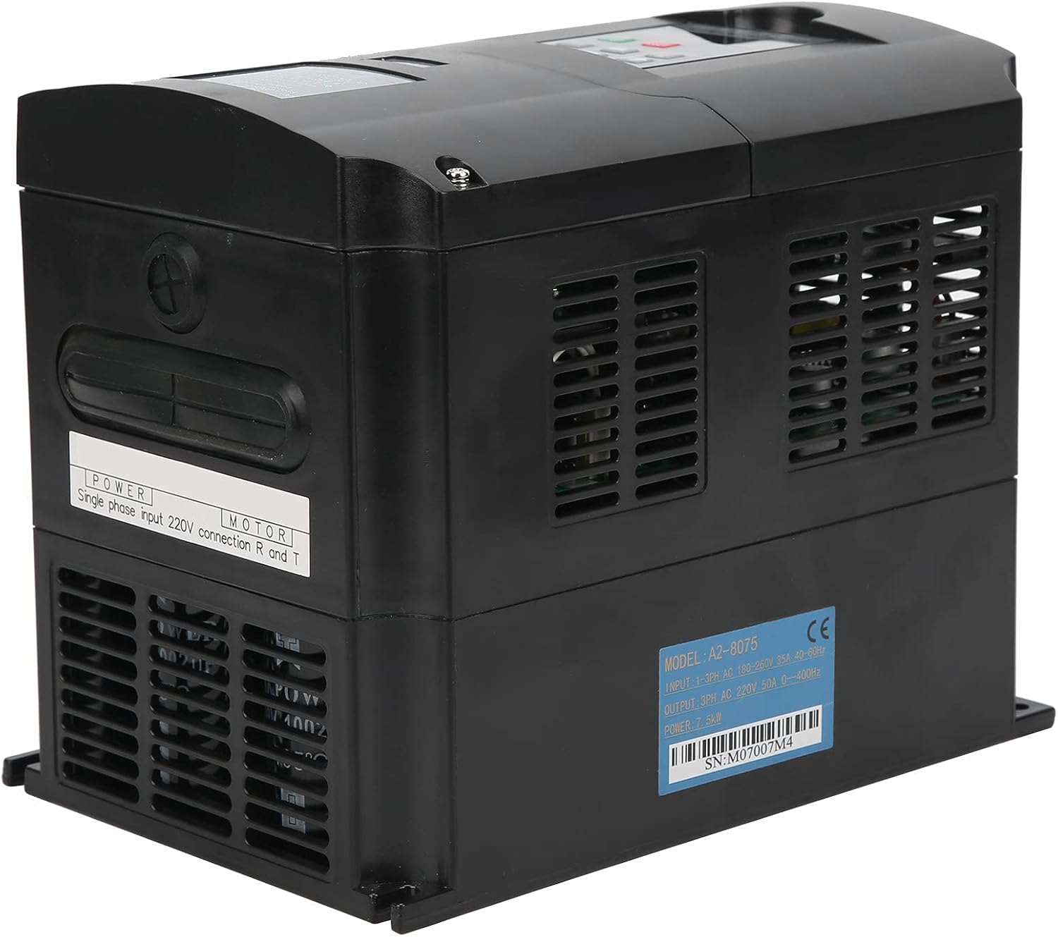 Back/side view of the Acogedor A2-8075 VFD showing the model and serial number label.