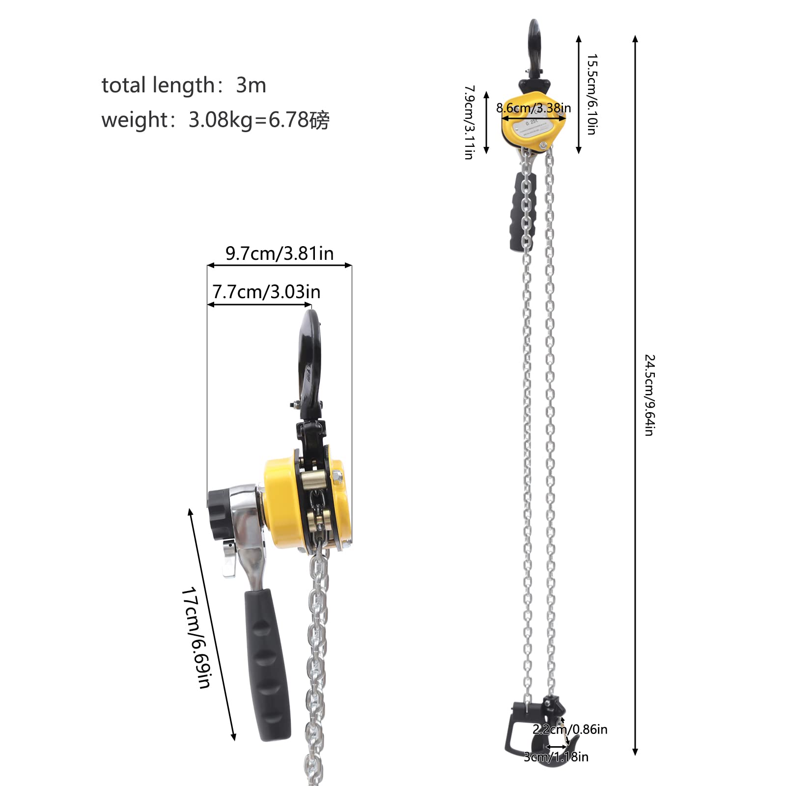 Gdrasuya10 Mini Lever Block Chain Hoist 0.25T/550Lbs Lifting Manual Chain Hoist G80 Grade Galvanized Chain Ratchet Lever Hoist with Carrying Bag(3m/10ft Chain)