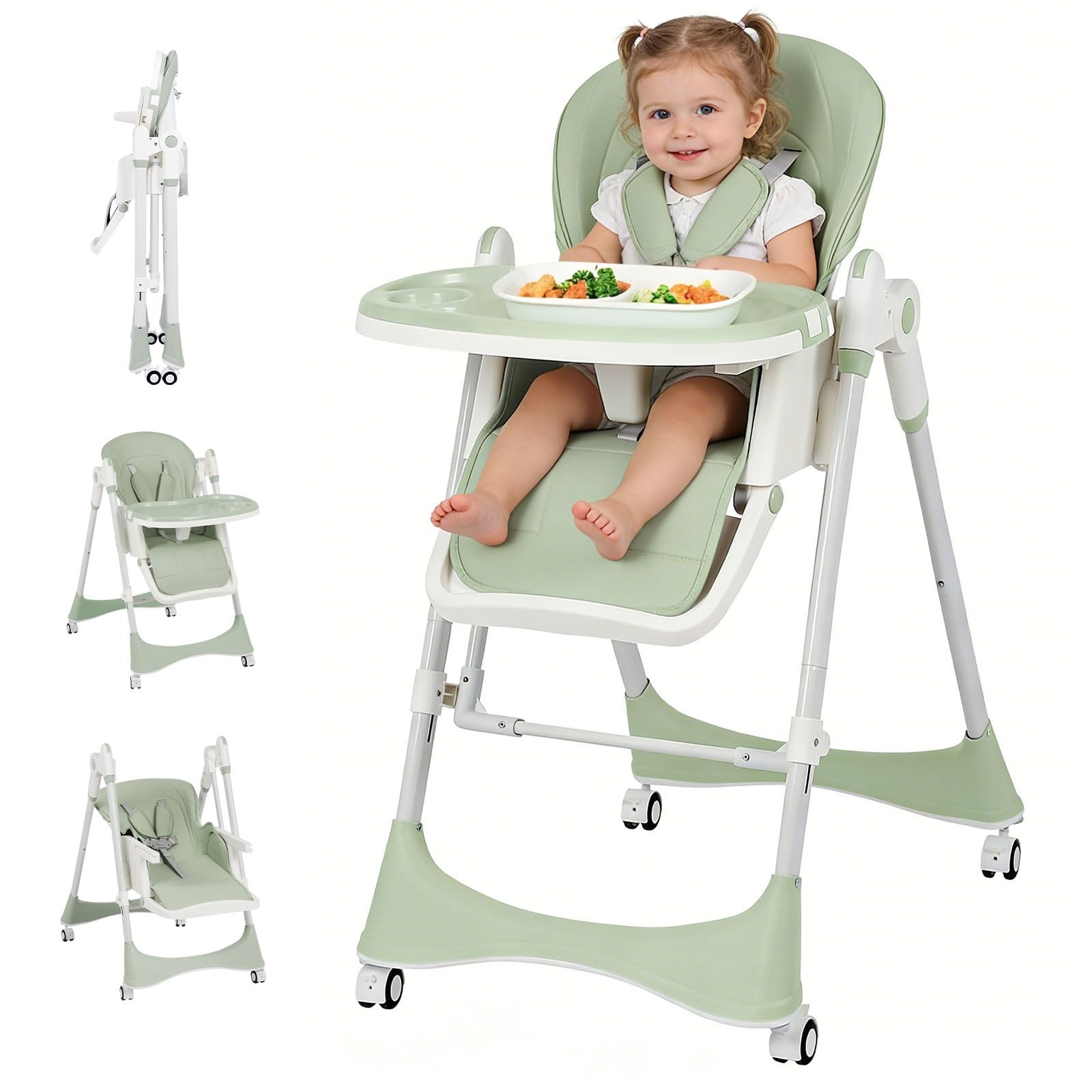 Photo 1 of 3-in-1 Baby High Chair with Soothing Rocker | Convertible Baby High Chair for babies and Toddlers | Brake Wheels, Easy Clean, Space Saving | Adjustable, Removable Tray (Green)