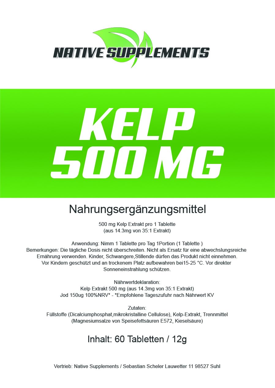 Kelp Extrakt 500 mg + 150 µg Jod Tabletten Komplex Hochdosiert Nur EINE Tablette pro Tag Premium Seealgen Algen Braunalgen Pulver vegan Multivitamin C B B12 - eine Packung
