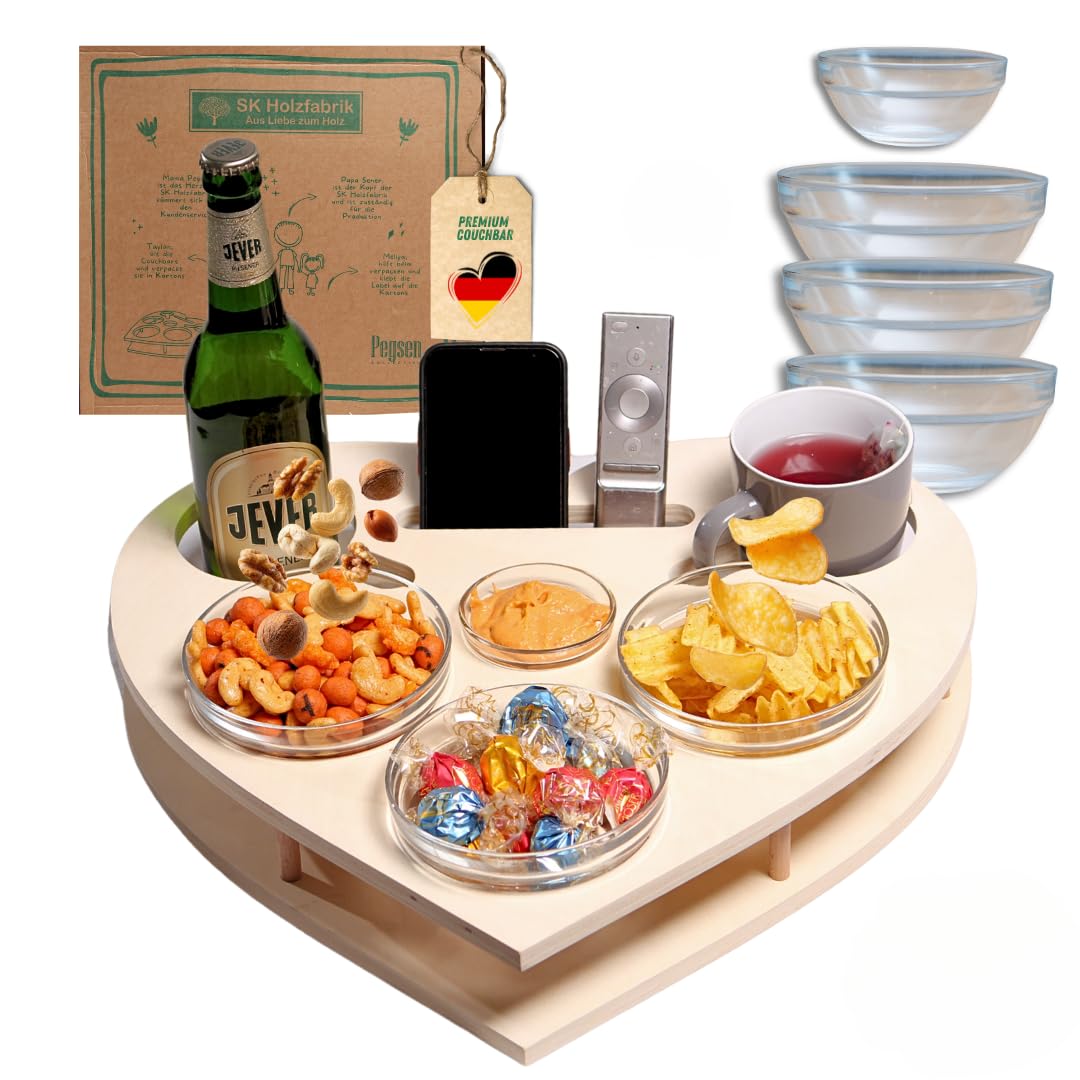 Herz personalisierte Couchbar in Weiß - Couch Bar Snackbar - Snackbox mit 4 Glasschalen - Getränkehalter für das Sofa -Sofatablett für Snacks & Getränke