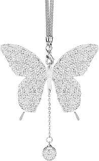 Butterfly Car Hanging Ornament, Elegant Rhinestones Butterfly Car Charms for Rear View Mirror Car Accessories Interior Aesthetic Rear View Mirror Accessories for Women (Silver)