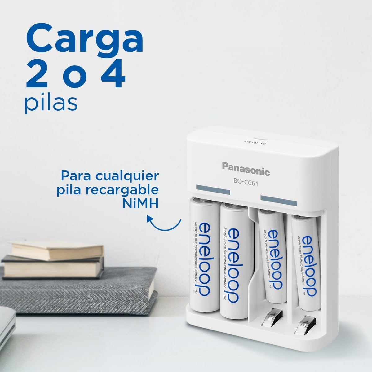 eneloop Basic Cargador USB, para 2 o 4 Pilas Recargables AA/AAA, 10h de Tiempo de Carga, 6 Funciones de Seguridad, 4 Pilas eneloop AA (2000 mAh) Incluidas