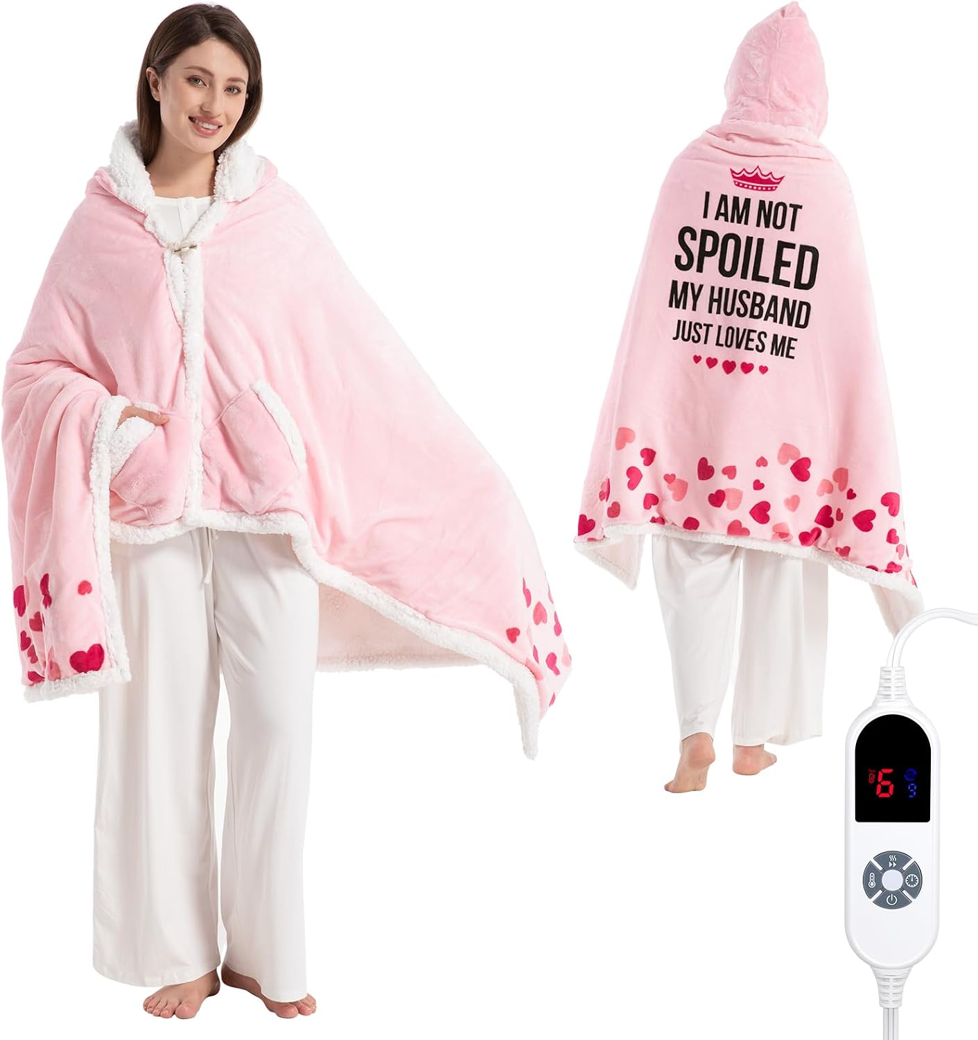 Wearable Heated Blanket Hoodie for Women, Valentines Day Gifts for Wife Women, Electric Throw Blanket, Heated Shawl Wraps Poncho, Mothers Day Birthday Anniversary Day Gift, Spoiled Wife Pink