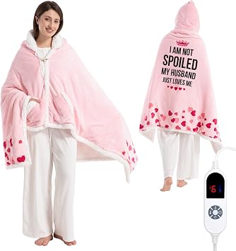 Wearable Heated Blanket Hoodie for Women, Valentines Day Gifts for Wife Women, Electric Throw Blanket, Heated Shawl Wraps Poncho, Mothers Day Birthday Anniversary Day Gift, Spoiled Wife Pink