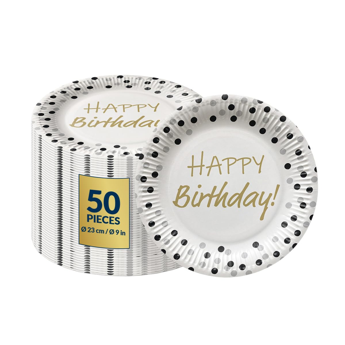 PAW - Disposable Paper Plates (9 Inch, 50-Pack), Soak Proof Patterned Party Plates for Birthday, Garden Party, BBQ, Picnic, Dinnerware Colorful Gold-Silver Confetti Design