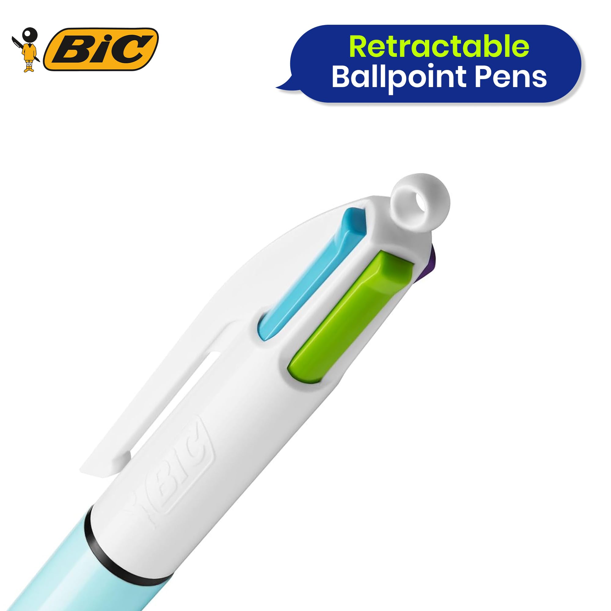 BIC Lot de 24 stylos amusants 4 couleurs avec corps en plastique de 1 mm, quatre couleurs d'encre en un pour écriture lisse, stylo multi-stylos 4 en un avec trou de clip et cordon pour étudiants et