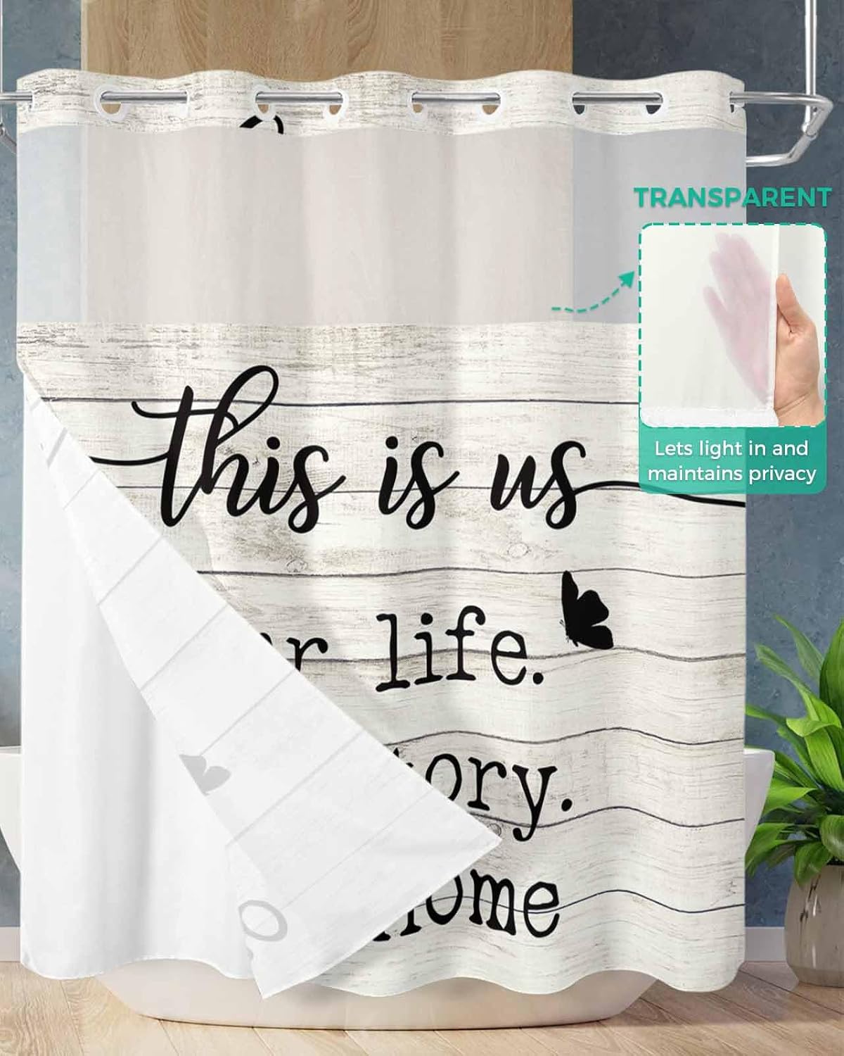 ALAGEO Shower Curtain with Snap-in Fabric Liner Set Farmhouse Style No Hook Shower Curtain with Mesh Top Window Funny Quote Wood Grain Shower Curtains Waterproof 72x72