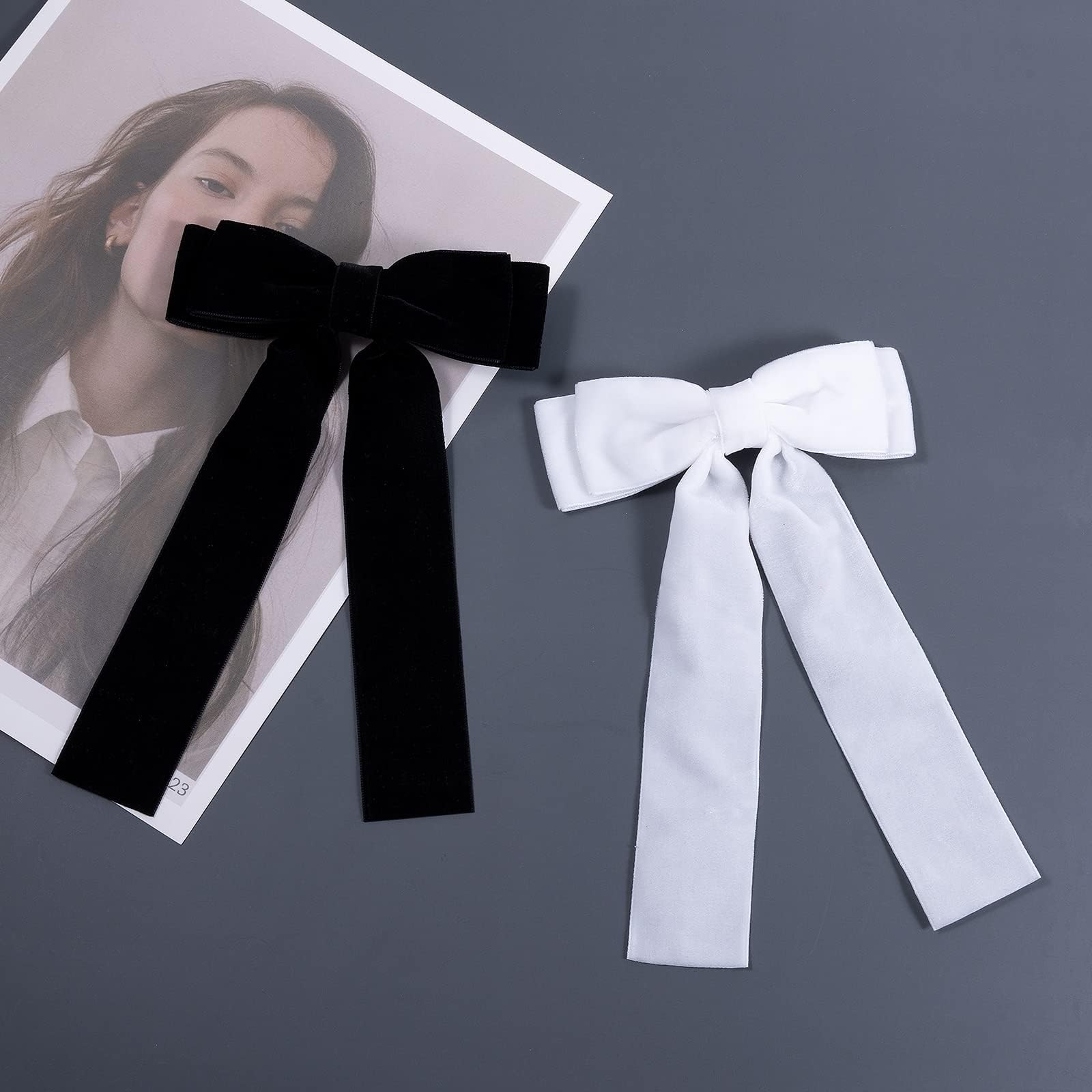 BVIIE 2PCS Handmade Velvet Bow Hair Clips, Headbands for Women Girls, Elegant Hair Ties Hair Styling Accessories, Hair Band Set, Gifts for Mom, Yoga Outdoor Headdress Decor, Black and White