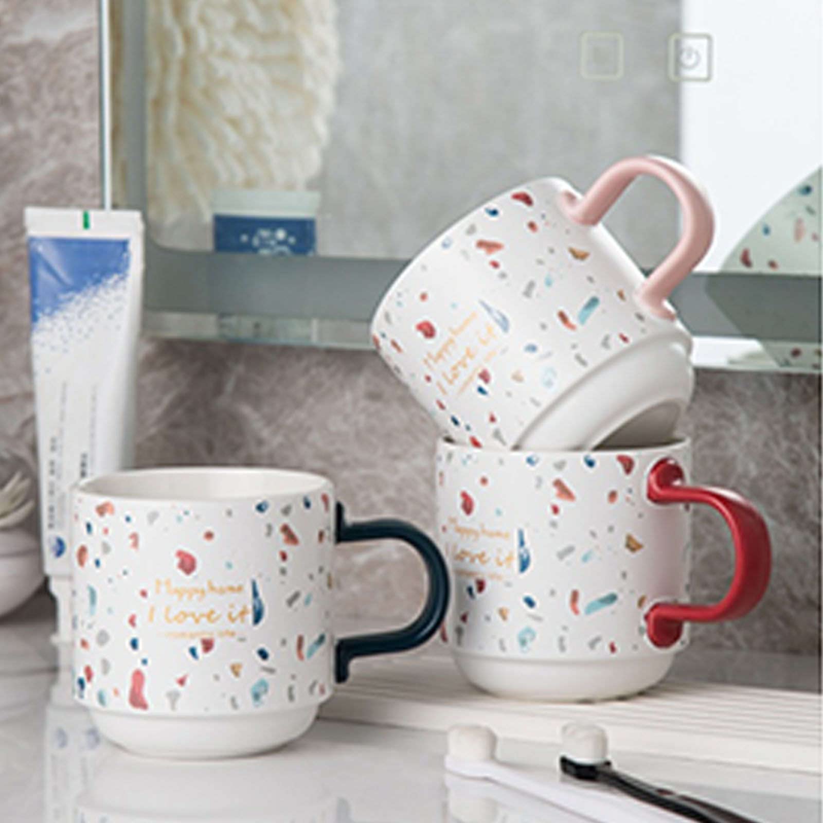 Porta spazzolino e dentifricio, Bicchiere for collutorio, Bicchiere for spazzolino in Ceramica con Manico, Bicchiere da Bagno in Porcellana, Porta spazzolino, Bicchiere da Bagno.(Red)