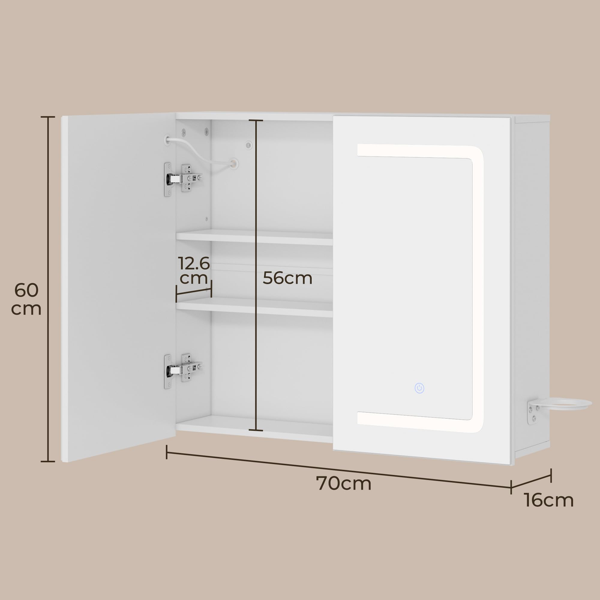 Armoire de Salle de Bains avec Miroir et Éclairage LED Dimmable, Capteur Tactile, Prise Électrique, Étagères Réglables, Double Porte en MDF de Haute Qualité, Blanc (60 x 70 cm)