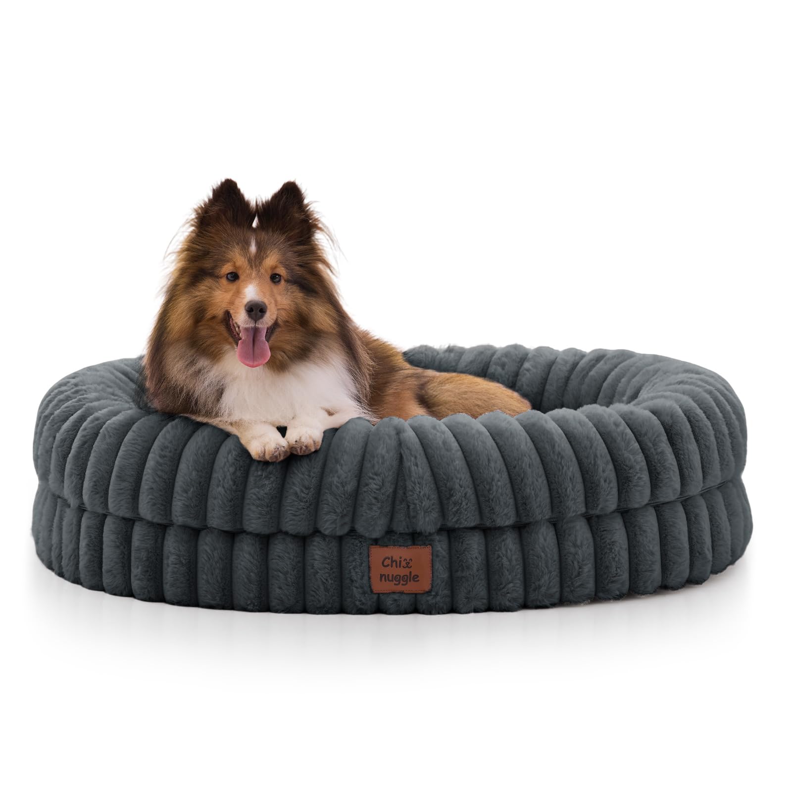 Dog Bed Medium Sized Dog - Luxury Striped Faux Fur Waterproof Pet Couch with Removable Washable Cover, Orthopedic Pet Bed with Bolster Sides for Sleeping, Dark Grey