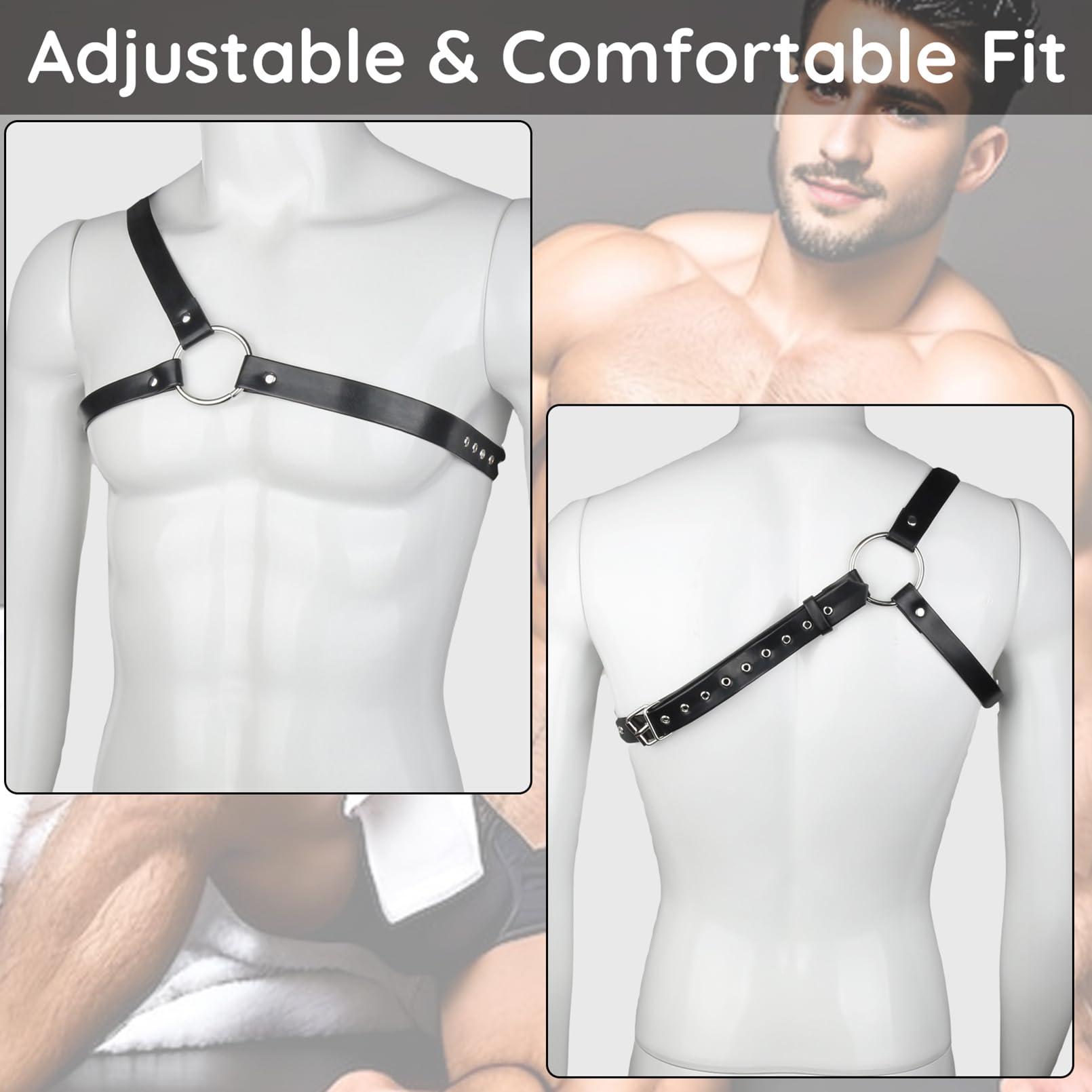 RTeczSolve Men's Shoulder Harness Belt, Adjustable Body Chest Harness for Men, PU Leather Male Punk Chest Belt Muscle Show Fashion Costumes for Cosplay Party