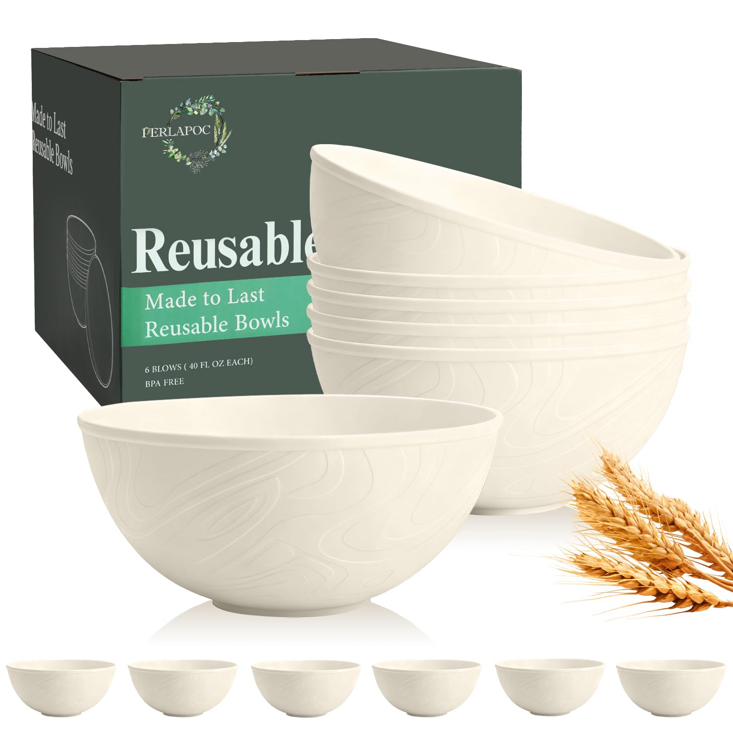Unbreakable Wheat Straw Kitchen Cereal Bowl 40 OZ, Microwave &amp; Dishwasher Safe Bowls, Alternative Plastic Bowls for Kitchen, Outdoors, RV, Camping, Patio, Set of 6, Beige