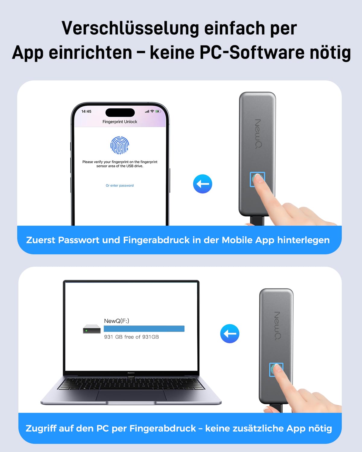 NEWQ 512 GB Externe SSD mit Fingerabdruck – Sichere Backups & Verschlüsselung per App für USB-C iPhone 17/16/15, Android, iPad, Mac/Windows (Nicht kompatibel mit iPhone/iPad mit Lightning-Anschluss)