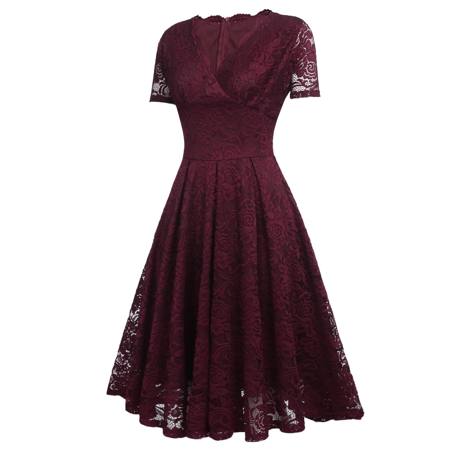 Kleid Hochzeitsgast Damen Spitze Abendkleider Elegant Hochzeit Knielang Vokuhila Kleid V Ausschnitt Bestickt Cocktailkleid Midi A Linie Brautjungfernkleider Festlich Partykleid Frauen Kurzarm