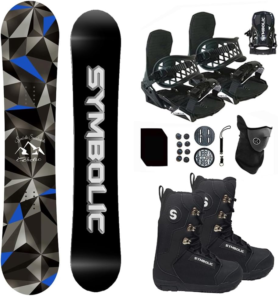 Symbolic Arctic snowboard package with bindings, boots, leash, stomp pad & gaiter