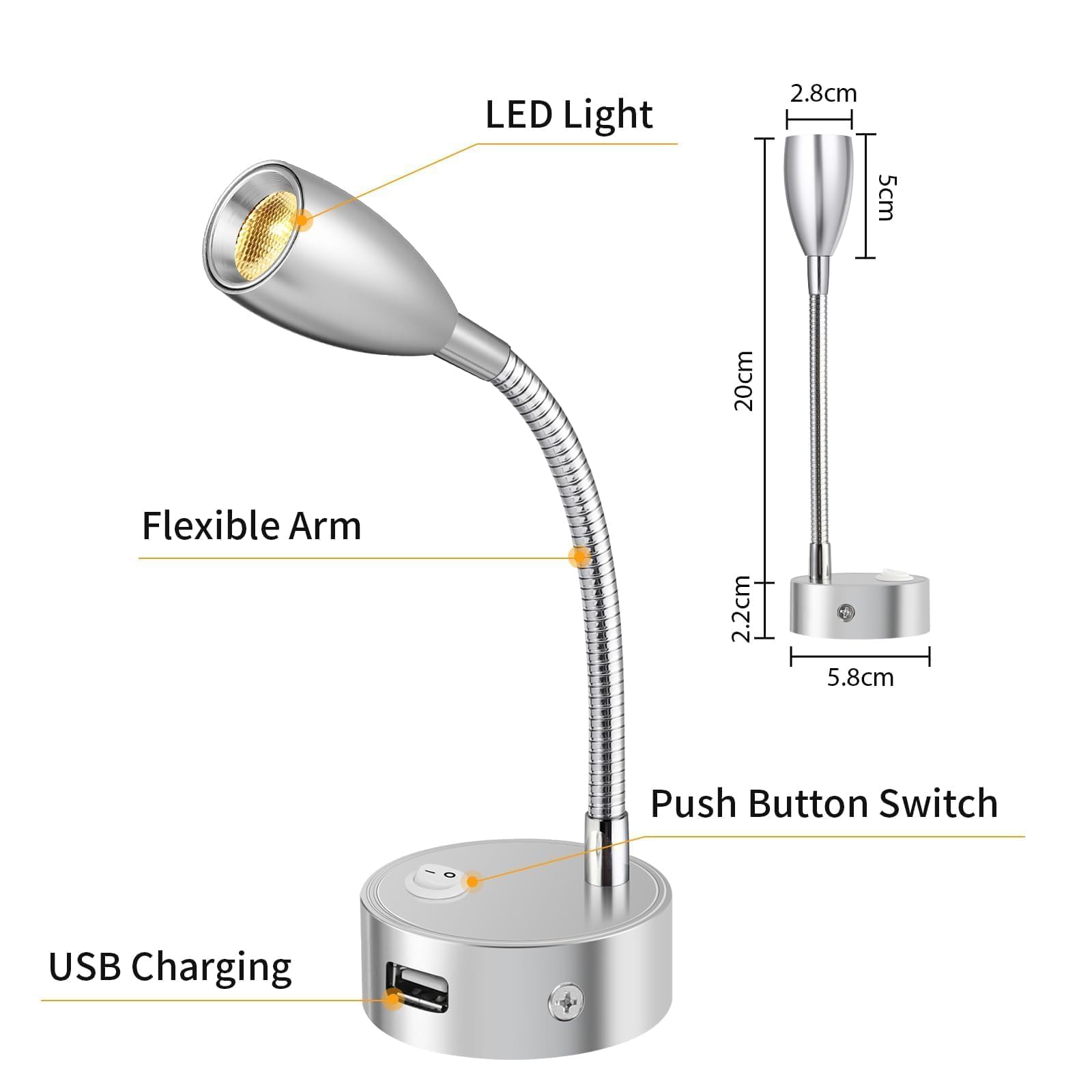 ERWEY 2er LED lampe de lecture 12V camping - car, 3W 3000k applique lampe de lit avec col de cygne flexible et port de charge USB pour bateau, yacht, voiture, éclairage intérieur de caravane, argent