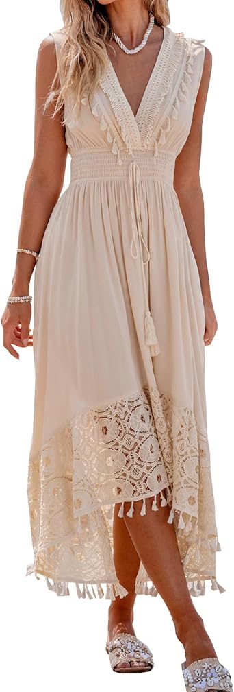 TONCHENGSD Womens Summer Dresses V Neck Sleeveless Lace Tassel Smocked Waist Beach Flowy Maxi Sundress