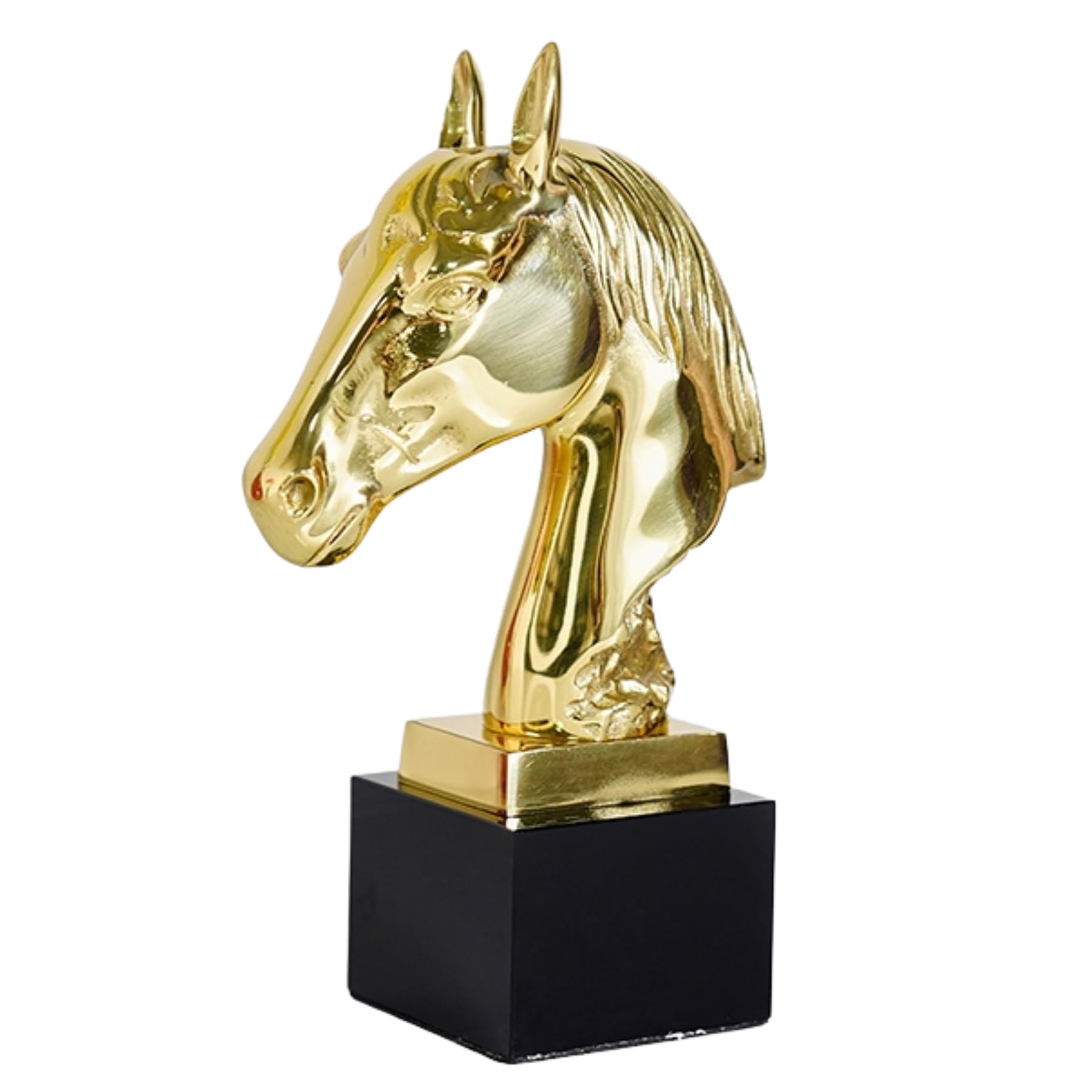 Golden Brass Horse Head Statue with Natural Marble Base, Hot Cast Bronze Horse Bust Art Sculpture, Light Luxury Modern Style Horse Head Figurine Home or Office Decor and Gifts