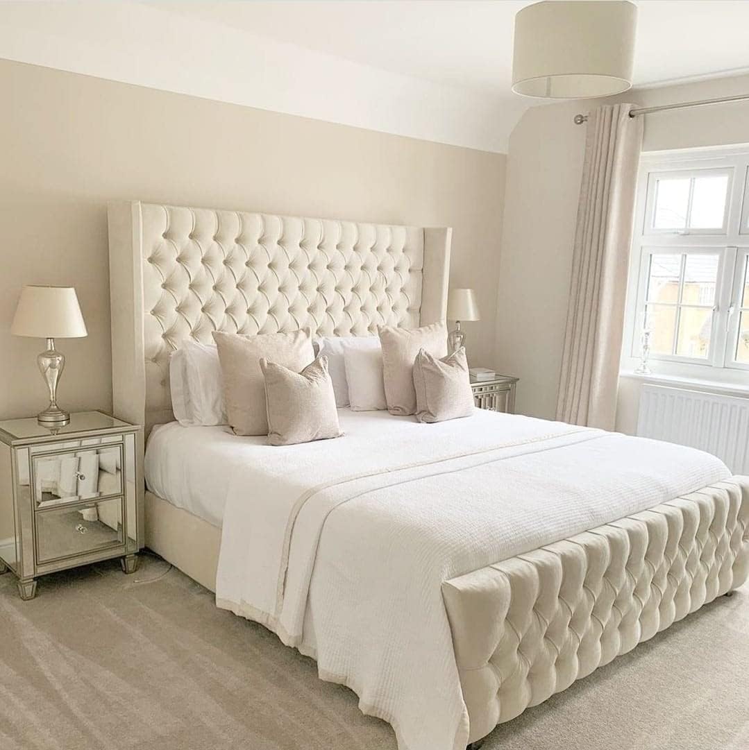 Bespoke Chesterfield Plush Velvet Cannas Wingback Bed - Mattress/Gas Lift Options - UK Made - Double/King/Super King (Cream Plush, Double 4ft6 Bed Frame)