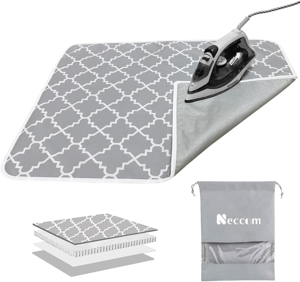 Neccom Ironing Mat with Silicone Pad Heat Resistant Ironing Blanket, Thick Portable Travel Ironing Pad for Table Top, Washer and Dryer, 100% Cotton Ironing Padding Pack in Drawstring Bag