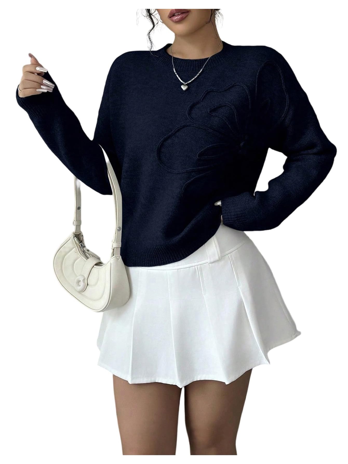RoseSeek Women's 3D Floral Appliques Crewneck Sweaters Long Sleeve Drop Shoulder Pullovers Elegant Knit Tops