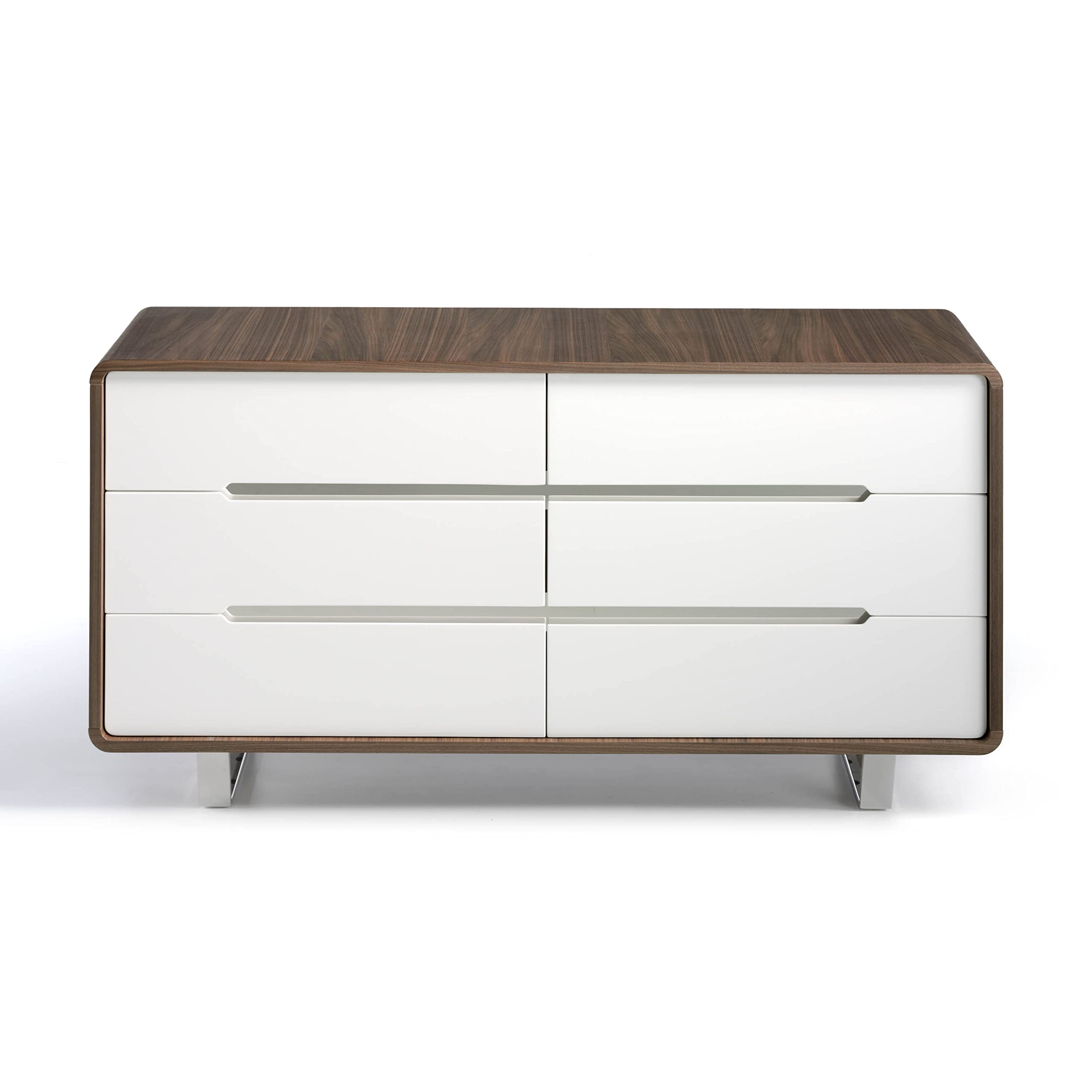 Angel Cerdá - Cómoda de Madera Nogal y Blanco Brillo - Cómoda Mueble con Seis Cajones Soft-Closing y Patas de Acero Cromado - Cómoda Moderna y Funcional para Dormitorio - 140 x 39 x 70 cm