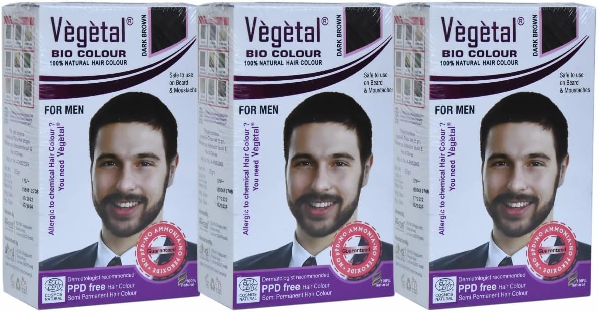 Vegetal Bio Beard Hair Colour -25g (Pack of 3) I Each Experience Natural Dark Brown Beard Hair Color for Men I Ammonia-Free, PPD-Free, 100% Organic, and Herbal, Safe and Effective Beard Dye
