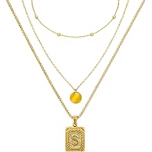Gold Layered Necklace for Women 18K Gold Plated Stainless Steel Circle Choker Square Letter Pendant Necklace Initial Necklaces Trendy Simple Jewelry Gifts