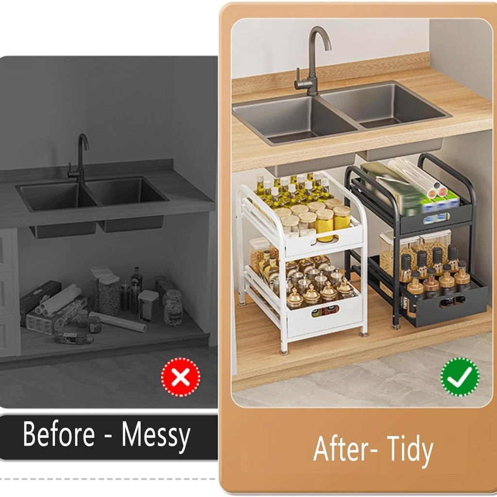 Kitchen Sink Pull Out Storage Rack Orga with Carbon Steel Cabinet Drawer Storage Box for Layered Storage，A，A