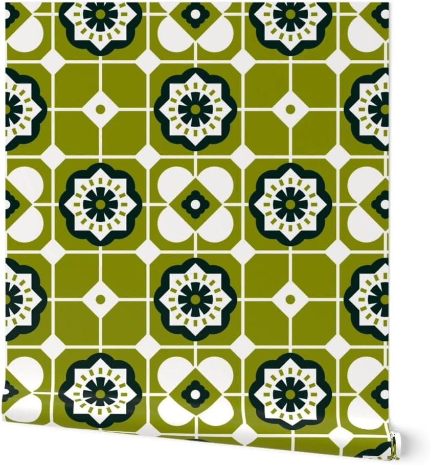 Spoonflower Peel & Stick Wallpaper 3ft x 2ft - Mid Century Modern Tiles Green Vintage Retro Geometric Custom Removable Wallpaper