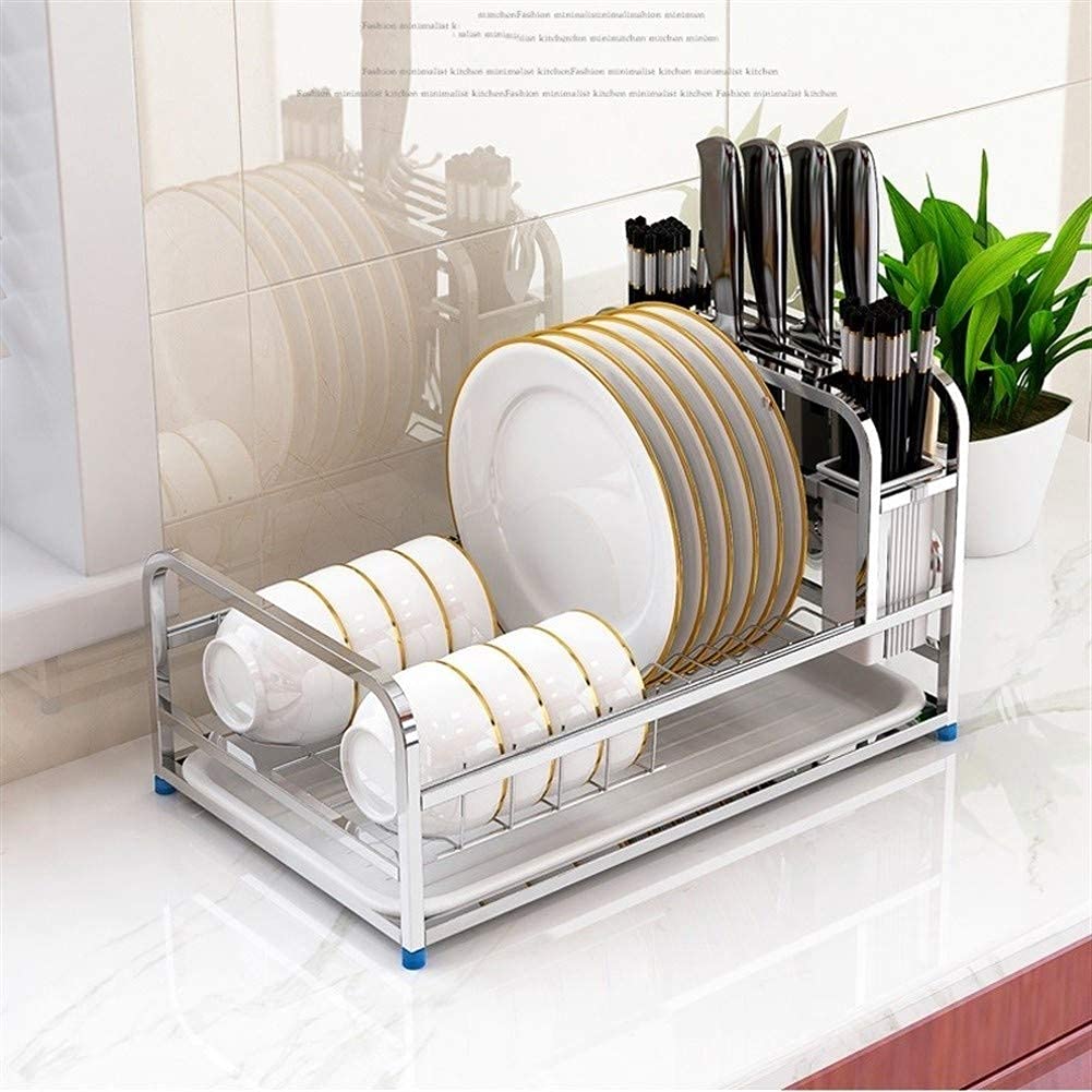 Rejilla para Platos, escurridor de Platos, Rejilla para secar Platos, escurridor de Platos para encimera de Cocina Rejilla para Platos de Acero Inoxidable con Bandeja de Drenaje de