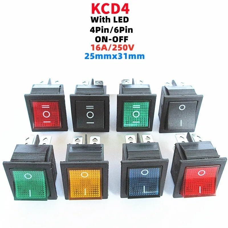 KCD4 Przełącznik kołyskowy ON-OFF 2 pozycje 4 piny/6-pinowe Sprzęt elektryczny z włącznikiem zasilania światła 16A 250VAC/ 20A 125VAC 1 szt. (NIE LED czerwony, 6 pinów)