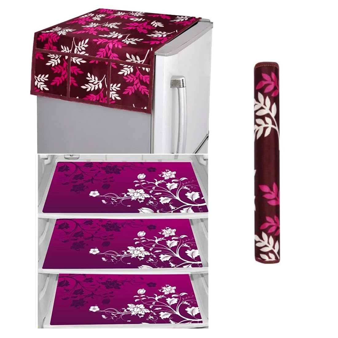 Stylewell Fridge Cover Set - 3 Refrigerator Mats, Fridge Top Cover, and Handle Cover - Elegant Polyester & PVC Material - Protect and Floral Printed Enhance Your Kitchen Decor (Wine)