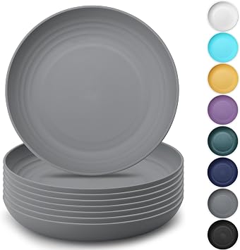 Kyraton Large Deep Plastic Plates - 8 Piece Set, 9 Inch Dinner Plates, Unbreakable, Lightweight, Microwave Safe