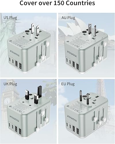 Miniatura 4 de MOMAX Adaptador de viaje universal adaptador de enchufe de viaje GaN de 65 W con enchufes UKEUAUUS cargador adaptador internacional 3USB-C PD y