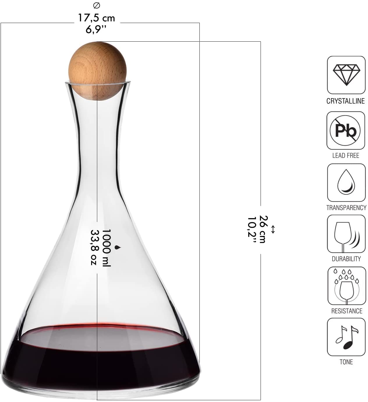 Krosno Jarra para vino/decantador | 1000 ml | Colección Avant-garde | Perfecta para casa, restaurantes y fiestas | Cristal sin plomo